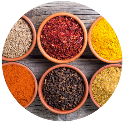 Bowls of spices and seasonings